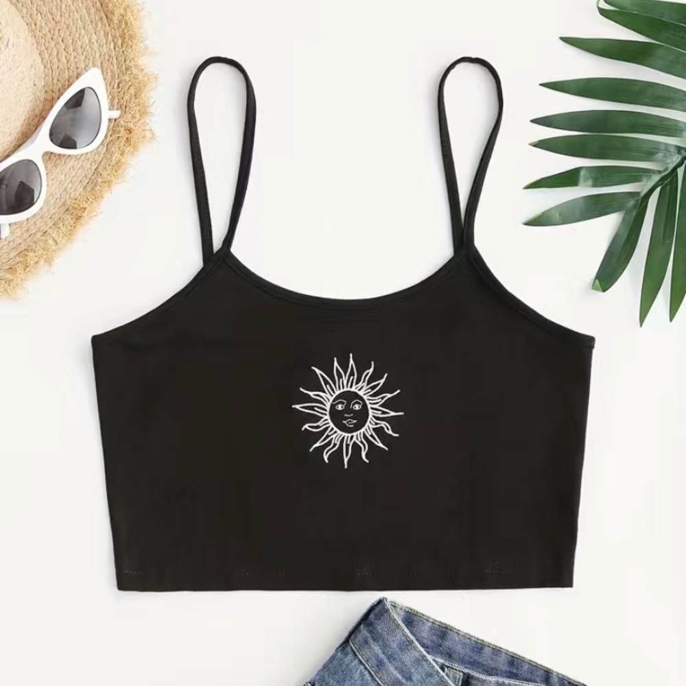 Black Y2K Sun Embroidery Crop Top (Small)